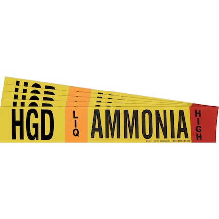 Brady AMMONIA HGD LIQ HIGH Pipe Marker Style 1HV BK, OR, RD on YL 1 per Card, 5 PK 105767-PK